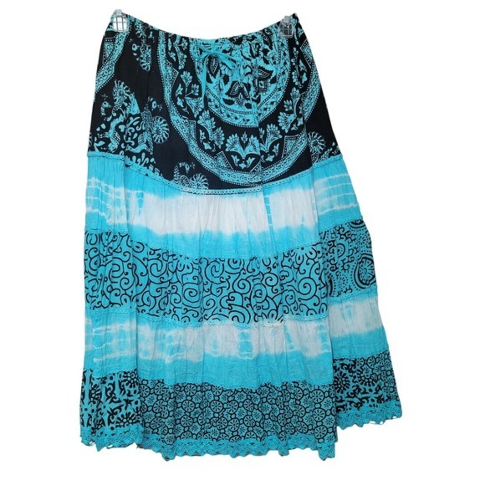 Anna Bugatti Tie Dye Tier Crochet Boho Blue Cotton‎ Midi Skirt Y2K Hippie One Sz